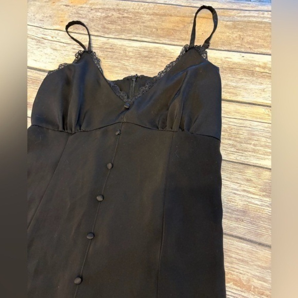 Vintage Y2K Slip Dress Babydoll Silky Small‎ Black Lace Trim Midi Dress Buttons